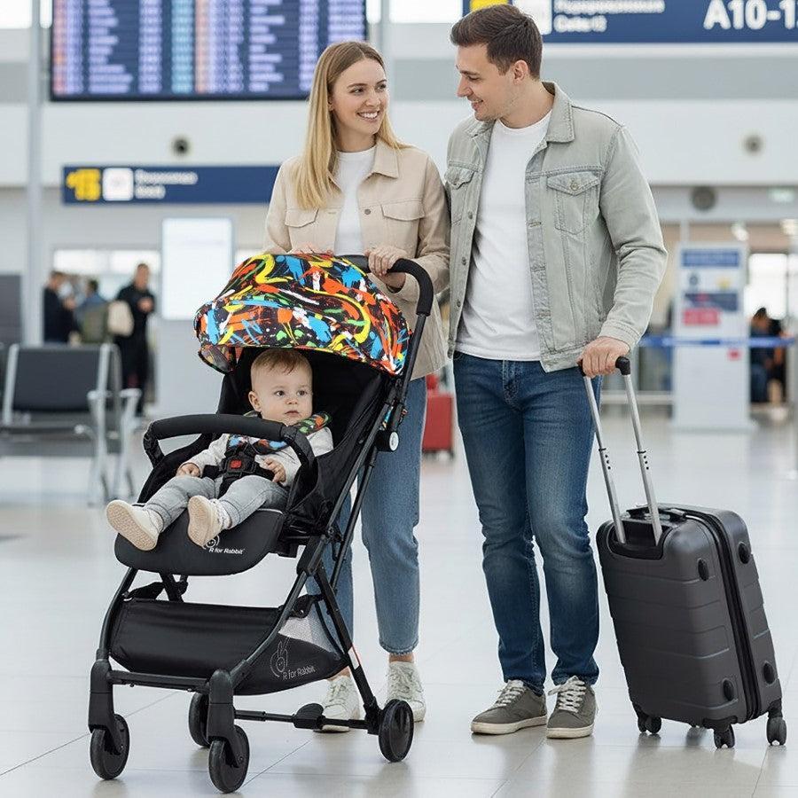 R for Rabbit Pocket Stroller Lite One Hand Fold, Multi Recline, Light Weight, Travel Friendly, Adjustable Canopy, Steel Frame, Link Brake- Black Multi