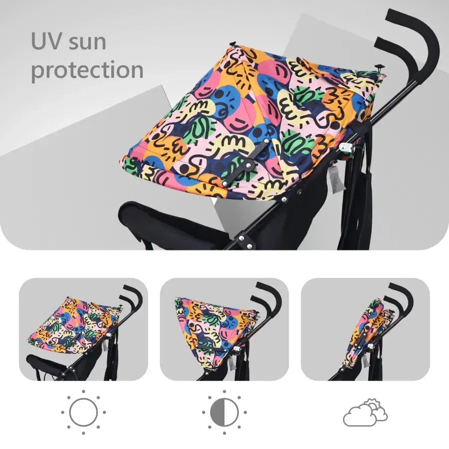 R for Rabbit Pixie Buggy Stroller Easy to Fold and Store, UV Sun Protection Canopy, Rear Brakes, Storage Bag - Black Multi