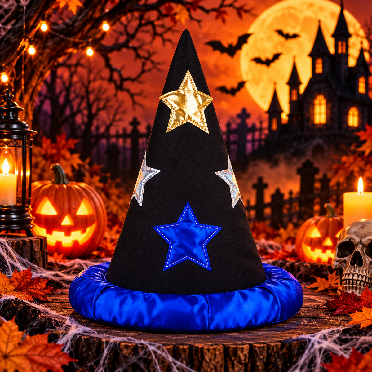 Kids Wizard Hat | Blue & Black Star Design Magic Hat for Halloween & Fancy Dress