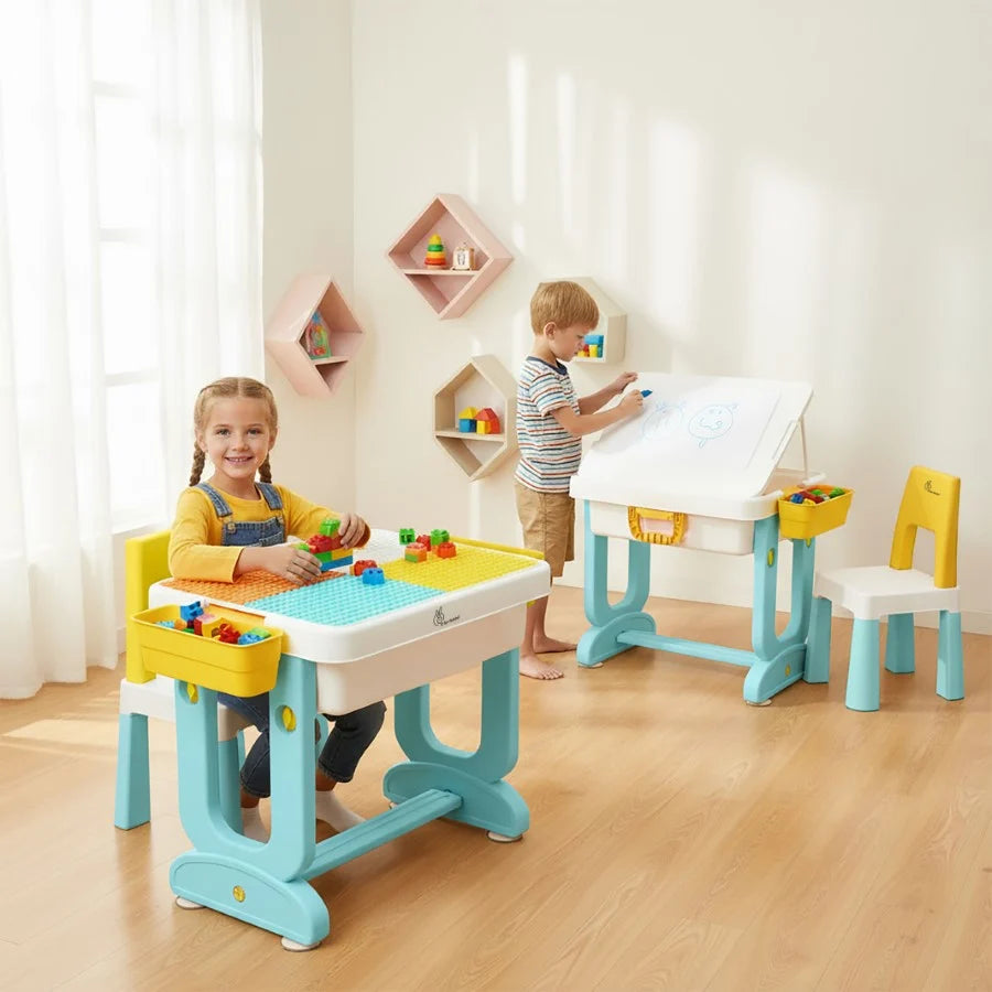 R for Rabbit Little Genius Learner 4-in-1 Multifunctional Study Table & Chair Set for Kids – Blue Multi