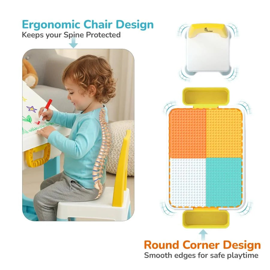 R for Rabbit Little Genius Learner 4-in-1 Multifunctional Study Table & Chair Set for Kids – Blue Multi