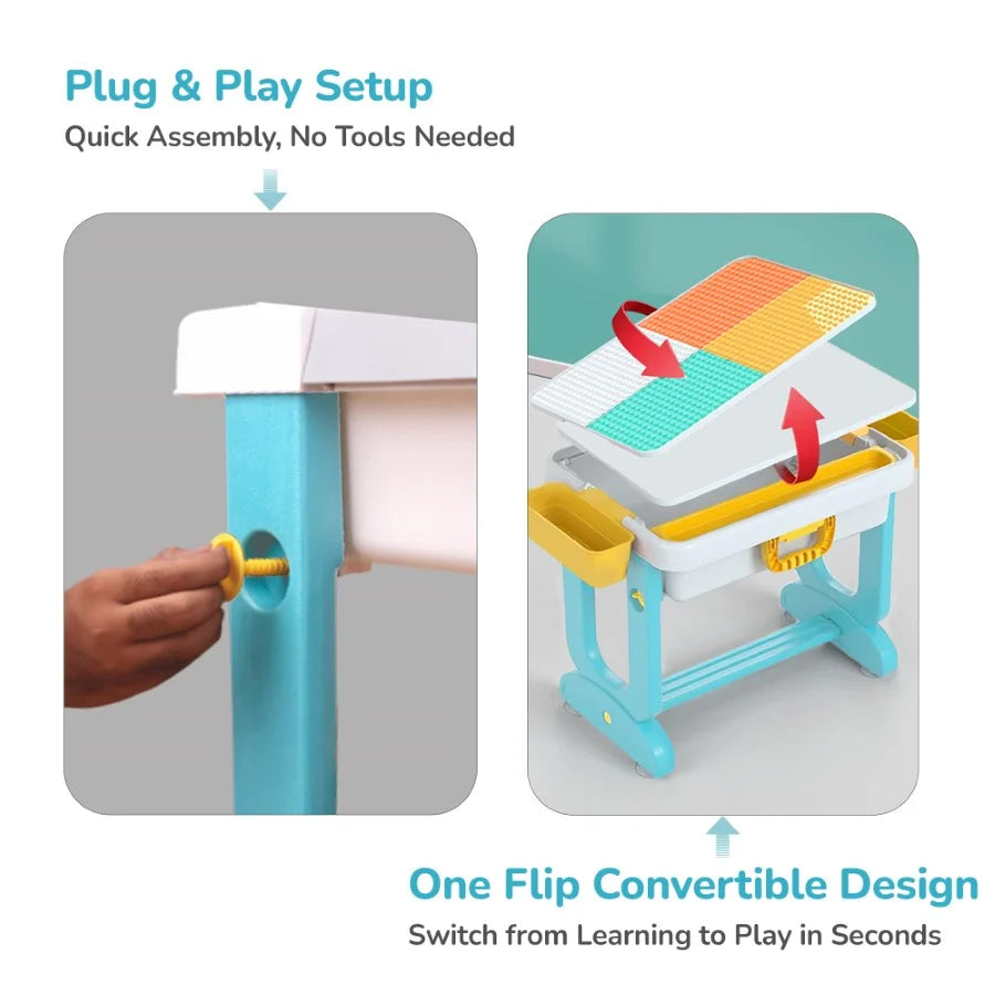 R for Rabbit Little Genius Learner 4-in-1 Multifunctional Study Table & Chair Set for Kids – Blue Multi