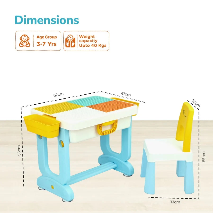 R for Rabbit Little Genius Learner 4-in-1 Multifunctional Study Table & Chair Set for Kids – Blue Multi