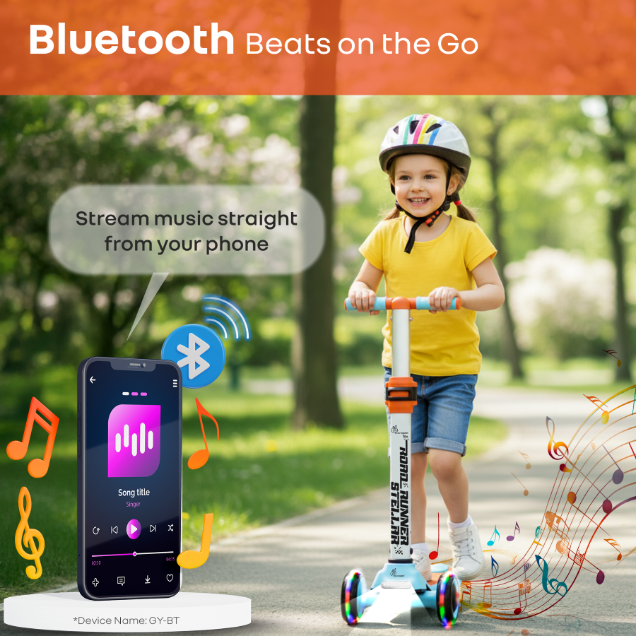 R For Rabbit Road Runner Stellar - LED Scooter for Kids with Bluetooth Music, Adjustable Height & Smooth Ride Blue Orange