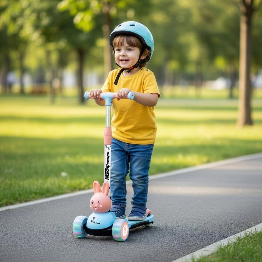 R for Rabbit Road Runner Bunny 3-Wheel Kick Scooter for Kids with PU LED Wheels, Adjustable Height & Foldable Design – Blue Peach