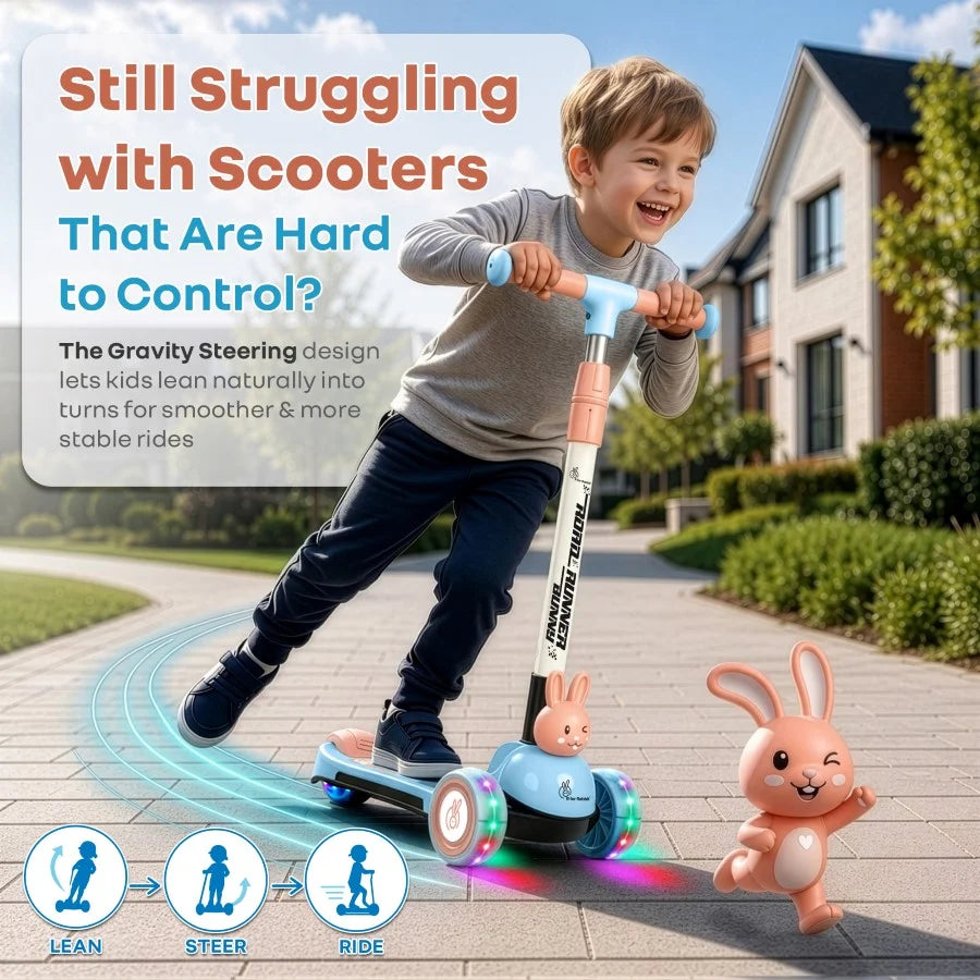 R for Rabbit Road Runner Bunny 3-Wheel Kick Scooter for Kids with PU LED Wheels, Adjustable Height & Foldable Design – Blue Peach