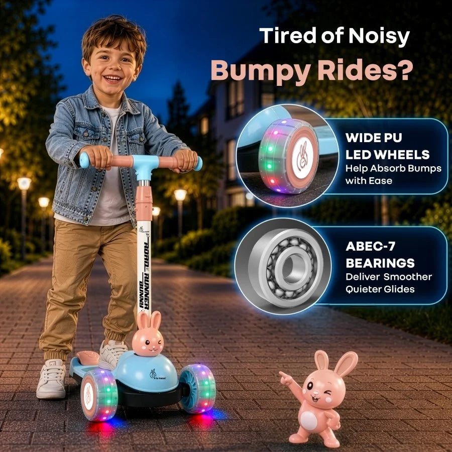 R for Rabbit Road Runner Bunny 3-Wheel Kick Scooter for Kids with PU LED Wheels, Adjustable Height & Foldable Design – Blue Peach