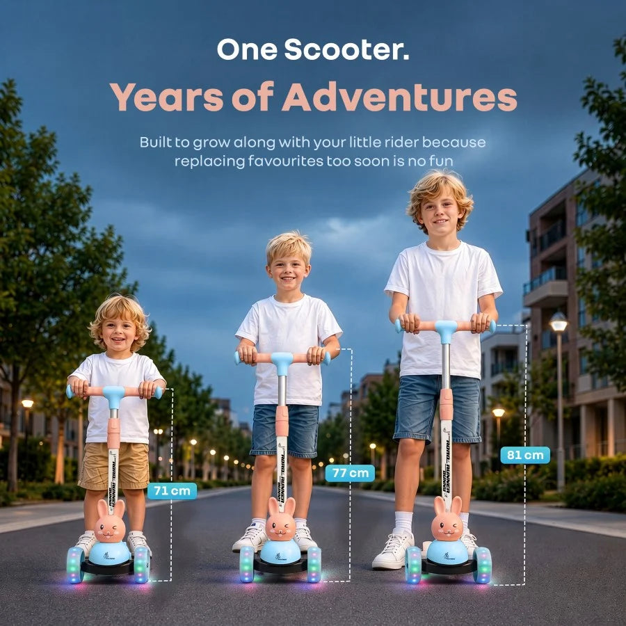 R for Rabbit Road Runner Bunny 3-Wheel Kick Scooter for Kids with PU LED Wheels, Adjustable Height & Foldable Design – Blue Peach