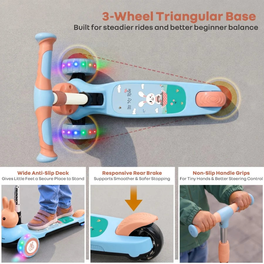 R for Rabbit Road Runner Bunny 3-Wheel Kick Scooter for Kids with PU LED Wheels, Adjustable Height & Foldable Design – Blue Peach