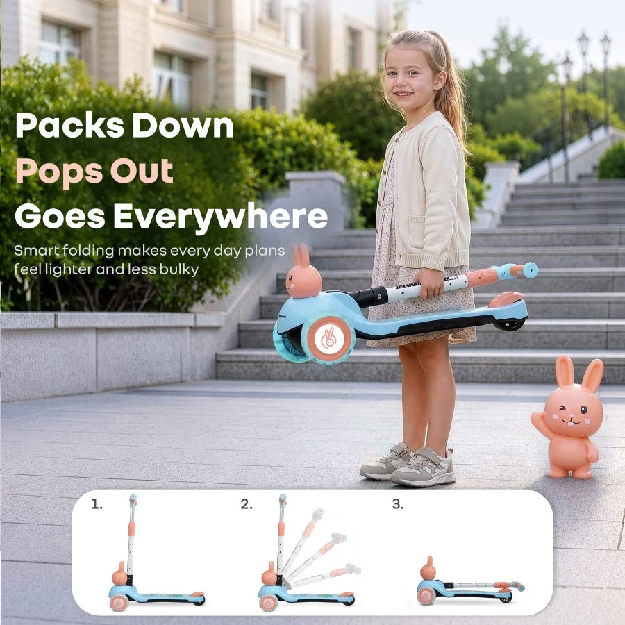 R for Rabbit Road Runner Bunny 3-Wheel Kick Scooter for Kids with PU LED Wheels, Adjustable Height & Foldable Design – Blue Peach