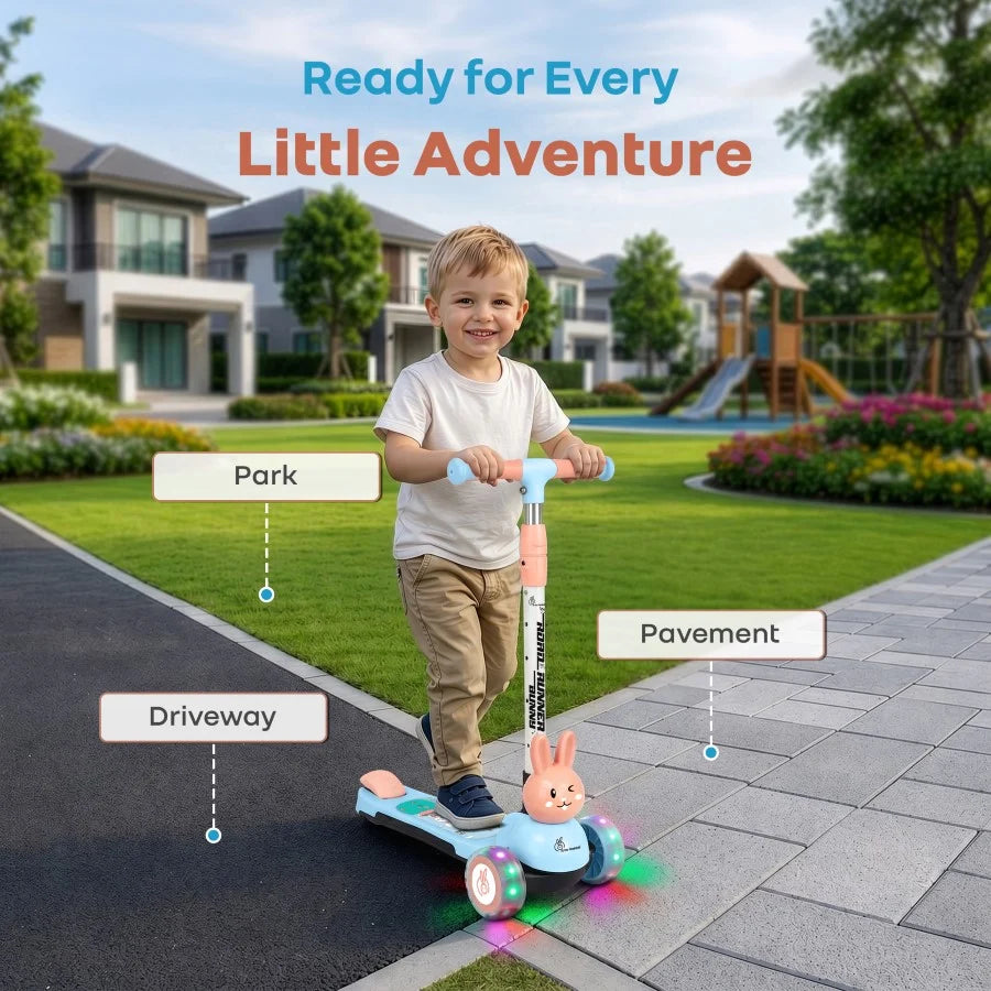 R for Rabbit Road Runner Bunny 3-Wheel Kick Scooter for Kids with PU LED Wheels, Adjustable Height & Foldable Design – Blue Peach