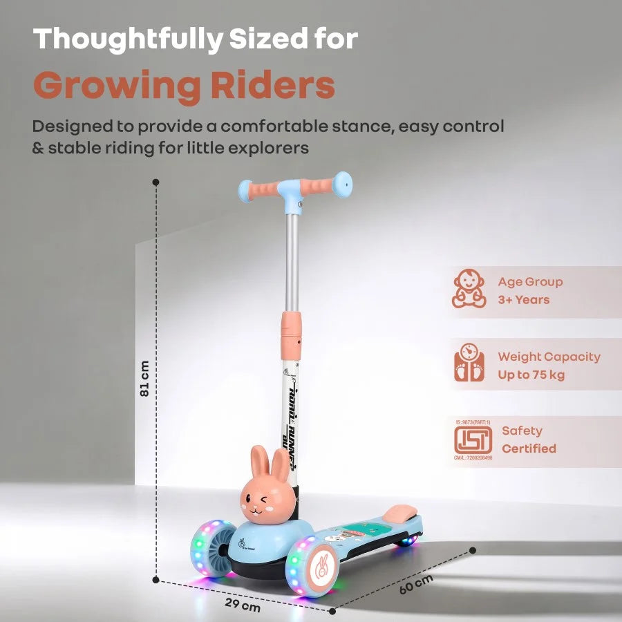 R for Rabbit Road Runner Bunny 3-Wheel Kick Scooter for Kids with PU LED Wheels, Adjustable Height & Foldable Design – Blue Peach