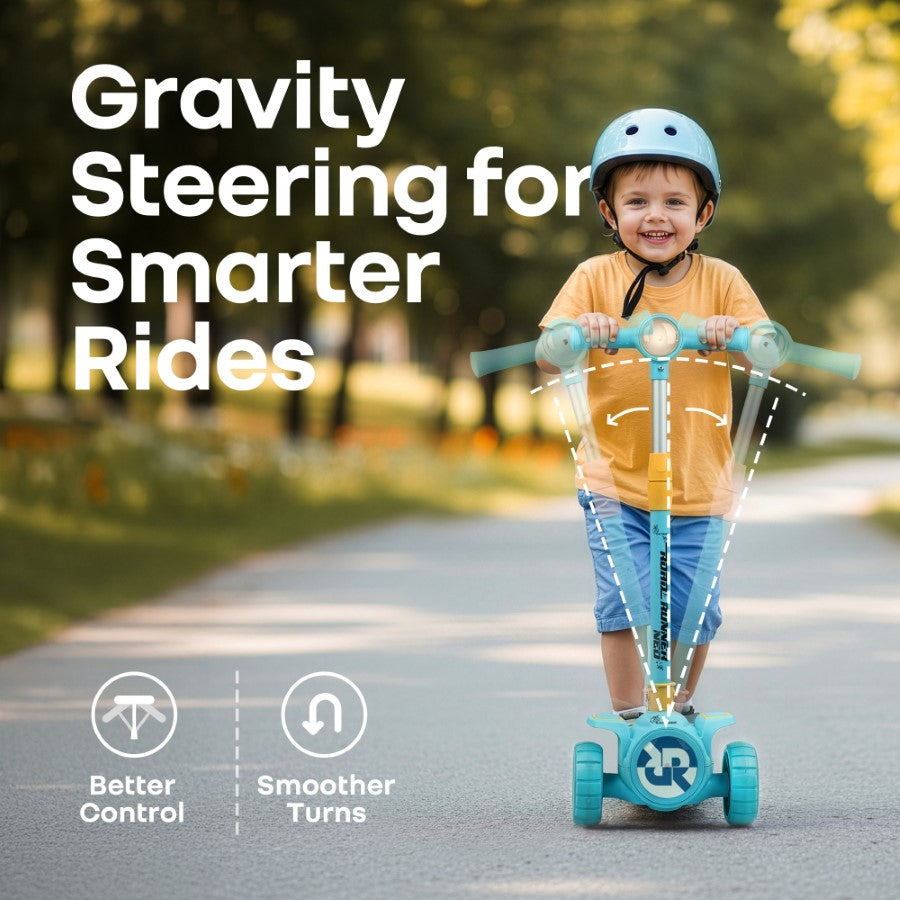 R for Rabbit Road Runner Neo Kids Scooter with LED PU Wheels, Music, Gravity Steering, 4-Level Height Adjustment Blue Yellow