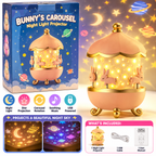 Bunny's Carousel Night Light Projector | Cute Rabbit Carousel Bedside Lamp with Starry Sky Design for Kids & Nursery Room