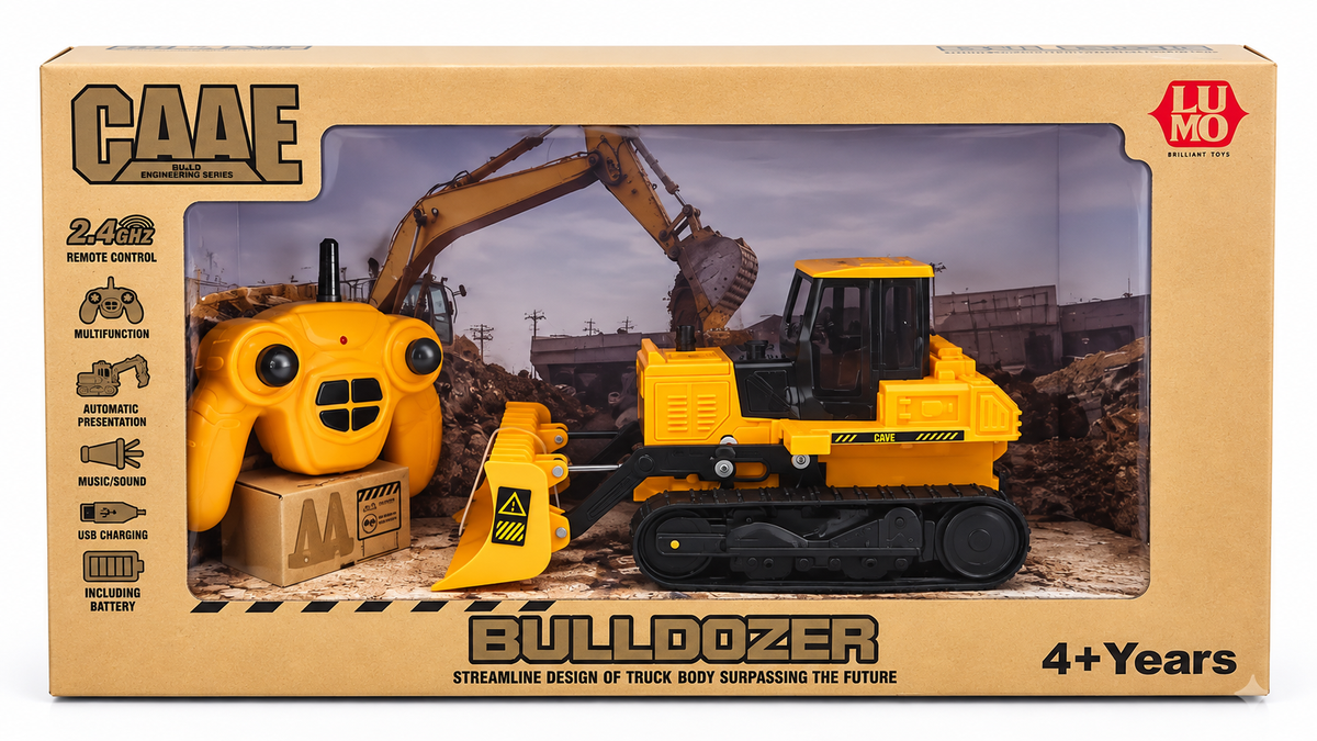 LUMO CADE 2.4GHz Remote Control Bulldozer for Kids, Multifunction RC Construction Vehicle with Music, Sound and USB Charging