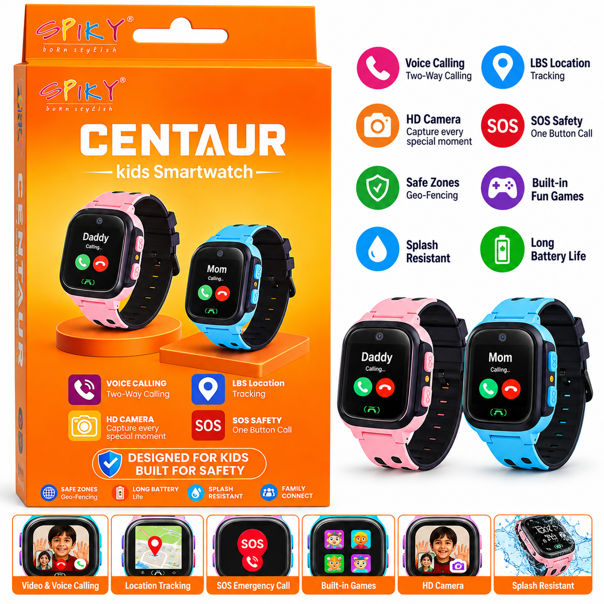 Spiky Centaur Kids Smartwatch | Voice Calling, LBS Tracking & SOS Pink