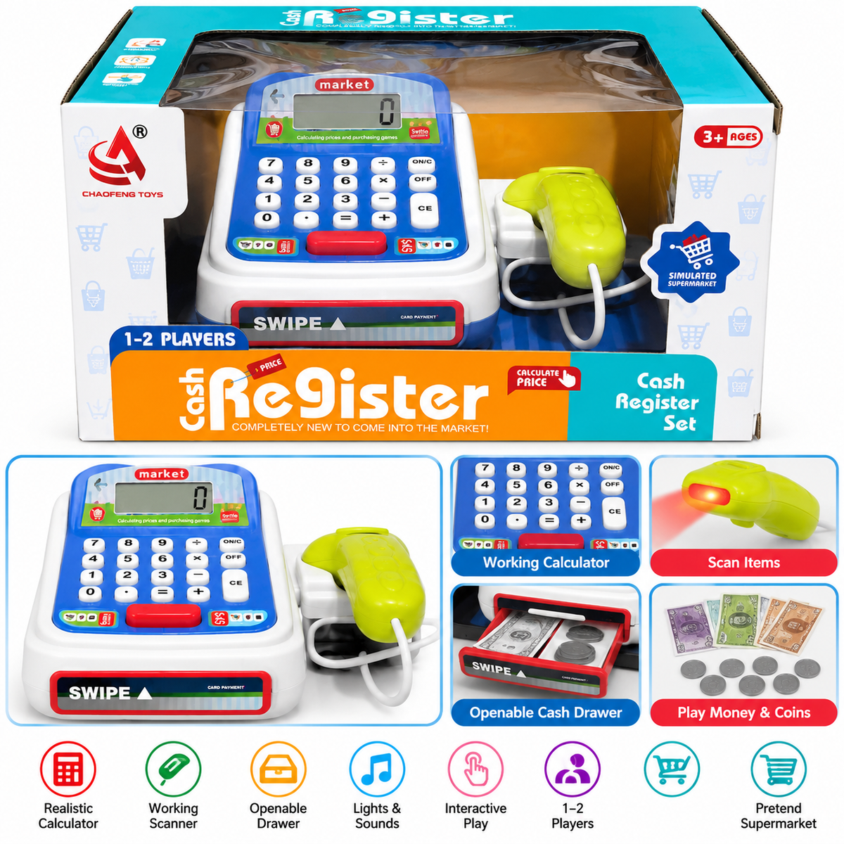 Chaofeng Toys Cash Register Set for Kids Ages 3+ | Electronic Supermarket Billing Machine with Calculator, Card Swipe & Handheld Scanner