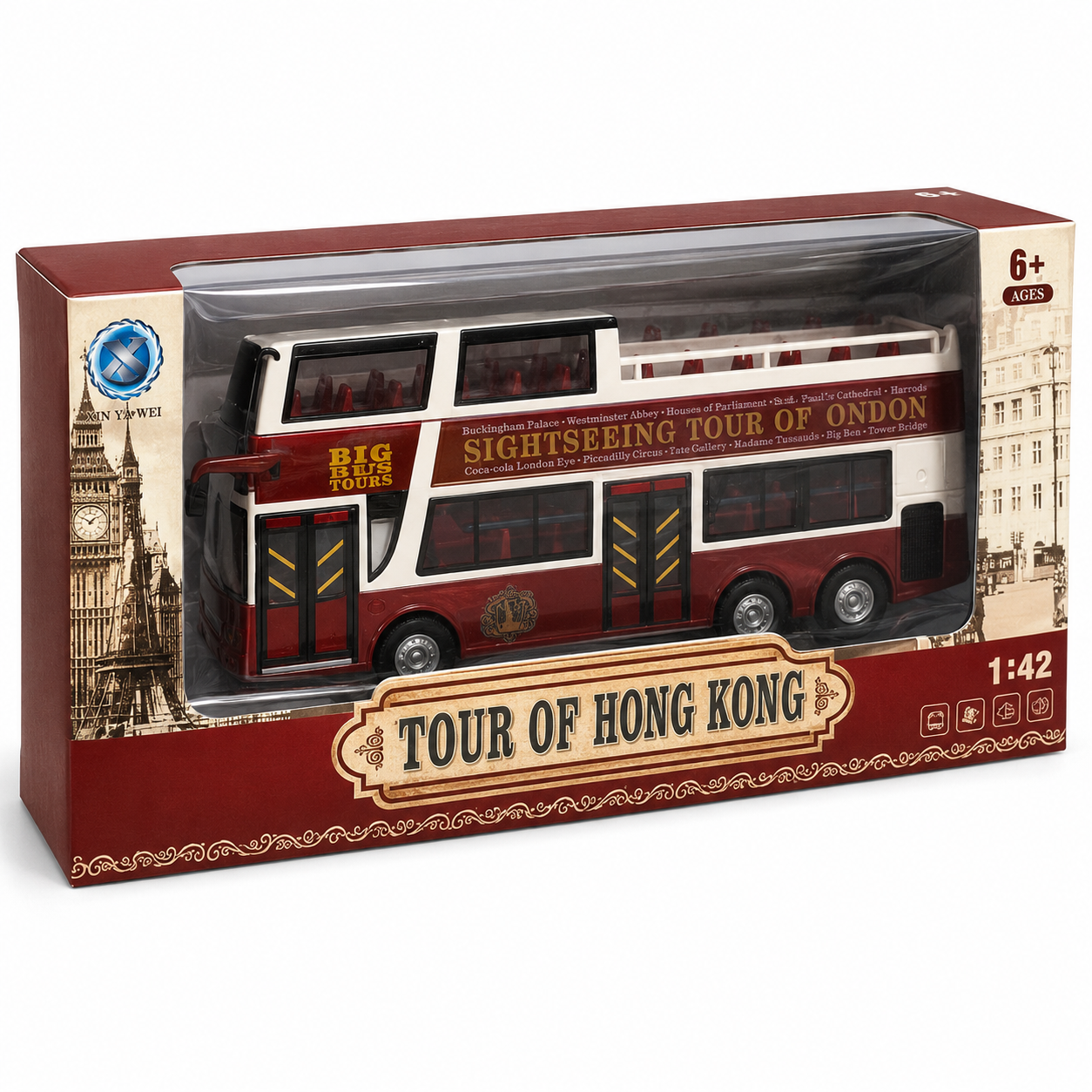 Tour of Hong Kong Big Bus Toy Sightseeing Double Decker Bus Model, 1:42 Scale, 6+ Years