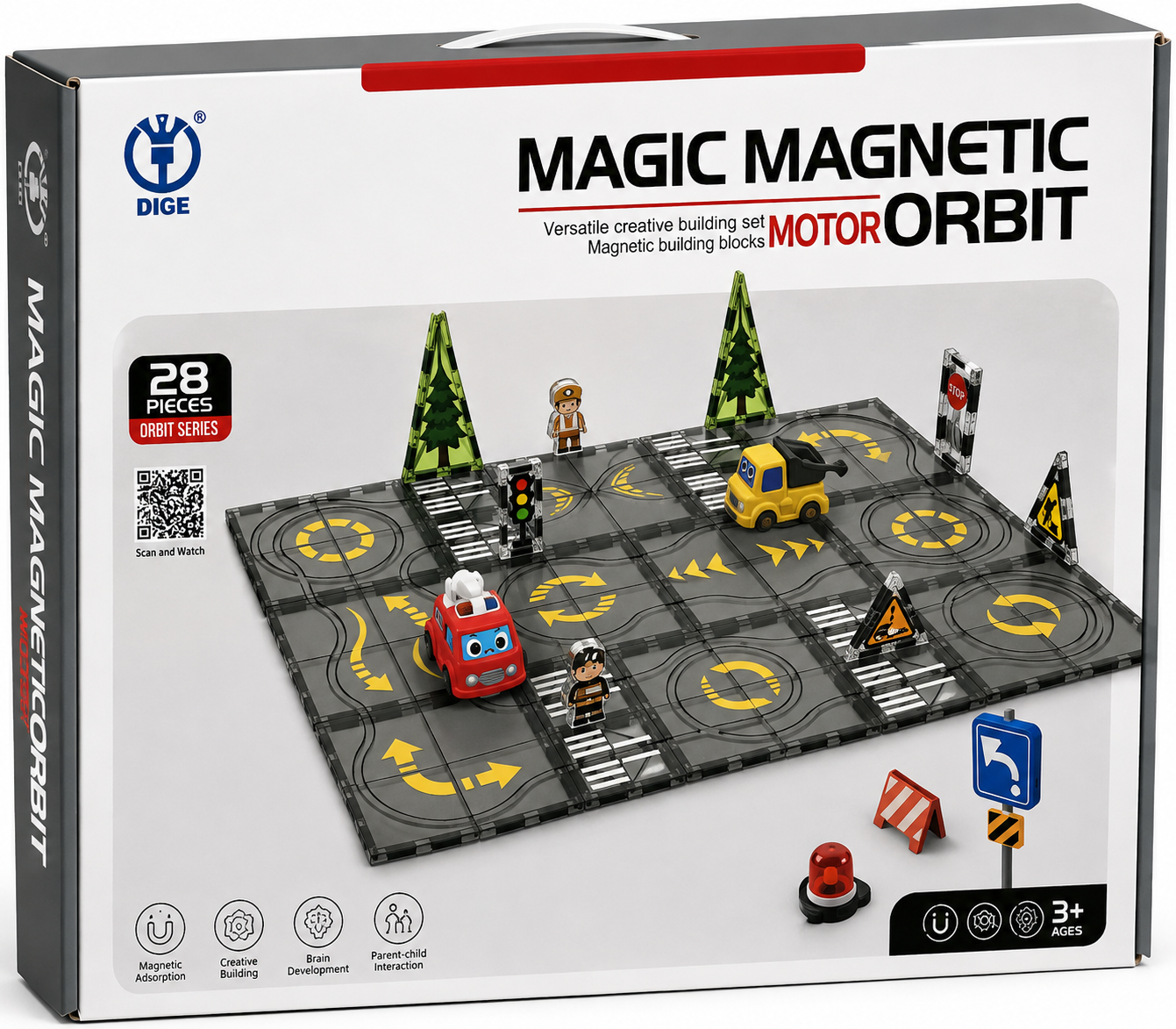Magic Magnetic Motor Orbit Building Set 28 Pieces – Magnetic Road Track Construction Toy with Cars,