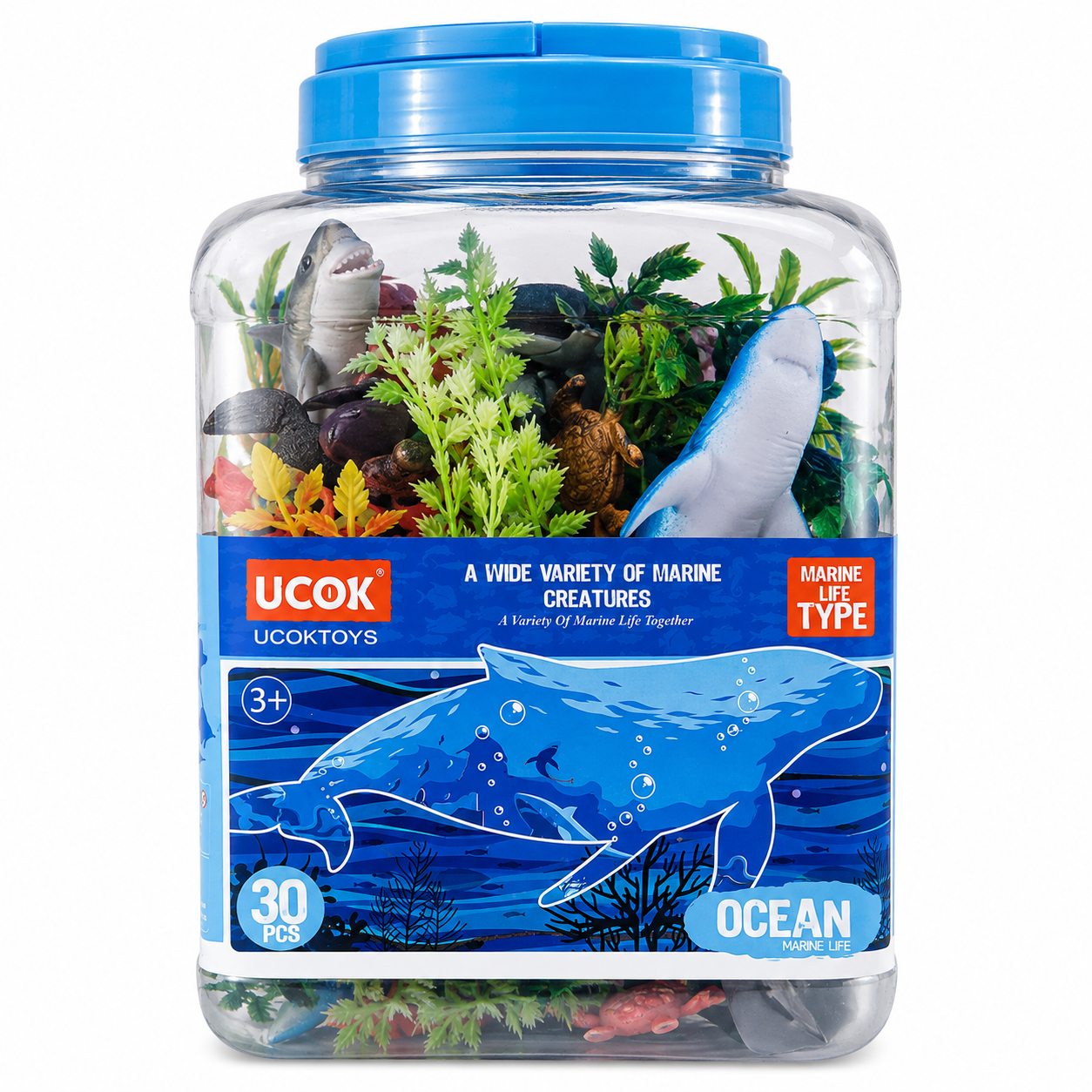 UCOK 30 Pcs Marine Life Ocean Animal Toy Set for Kids – Sea Creature Figures Jar