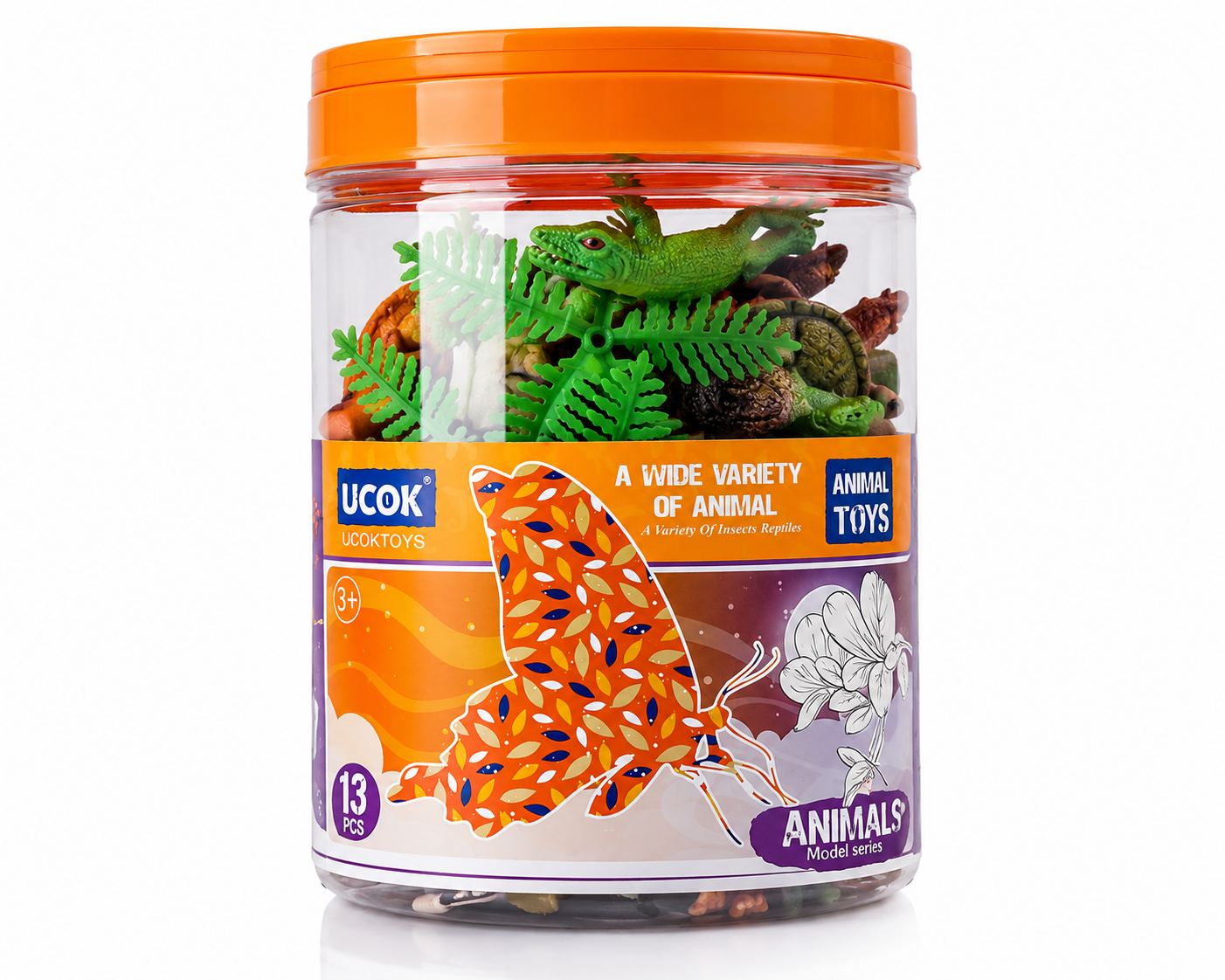 Ucok 13-Piece Animal & Reptile Figure Set with Transparent Storage Jar
