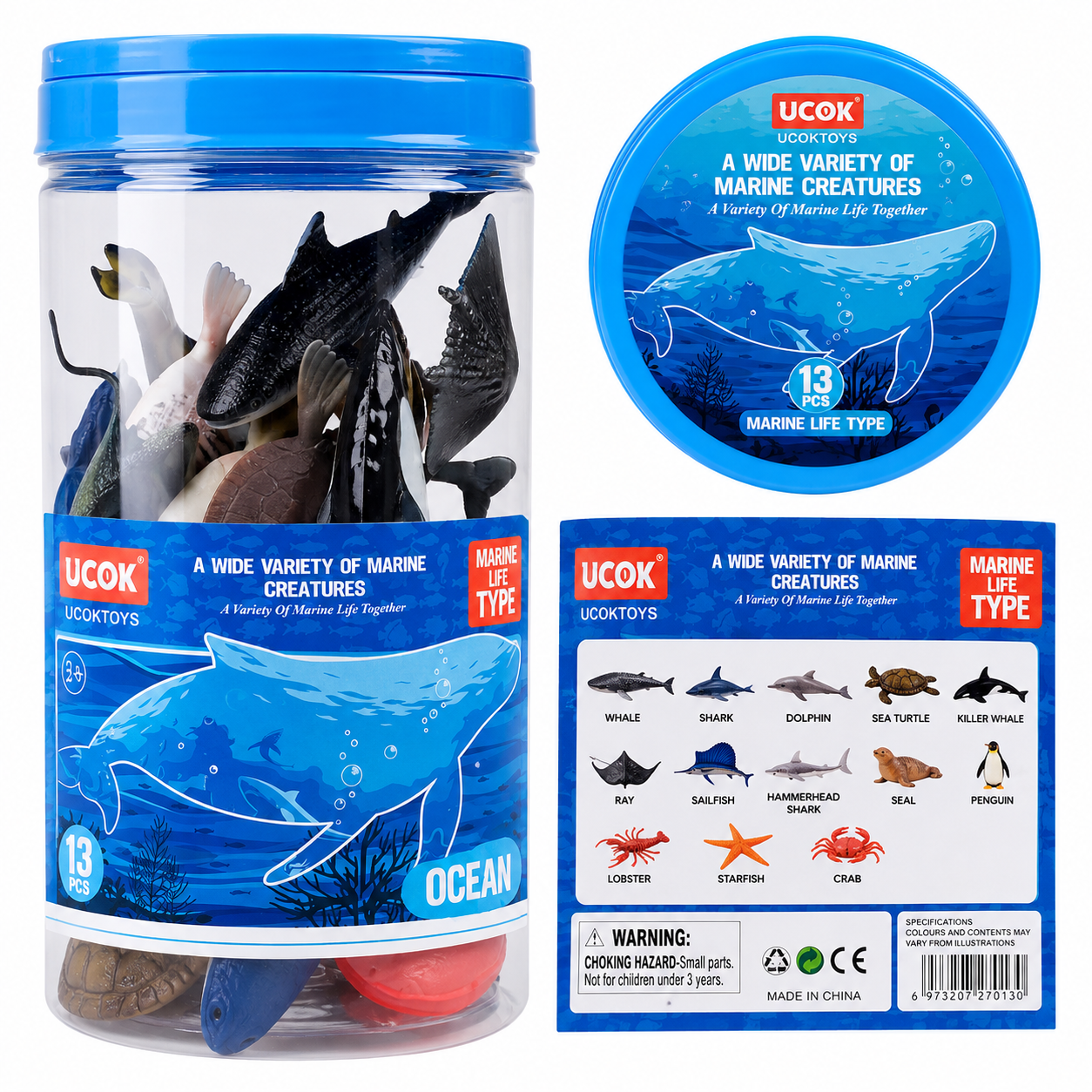 Ucok 13-Piece Marine Creatures & Ocean Animal Figure Set with Storage Jar