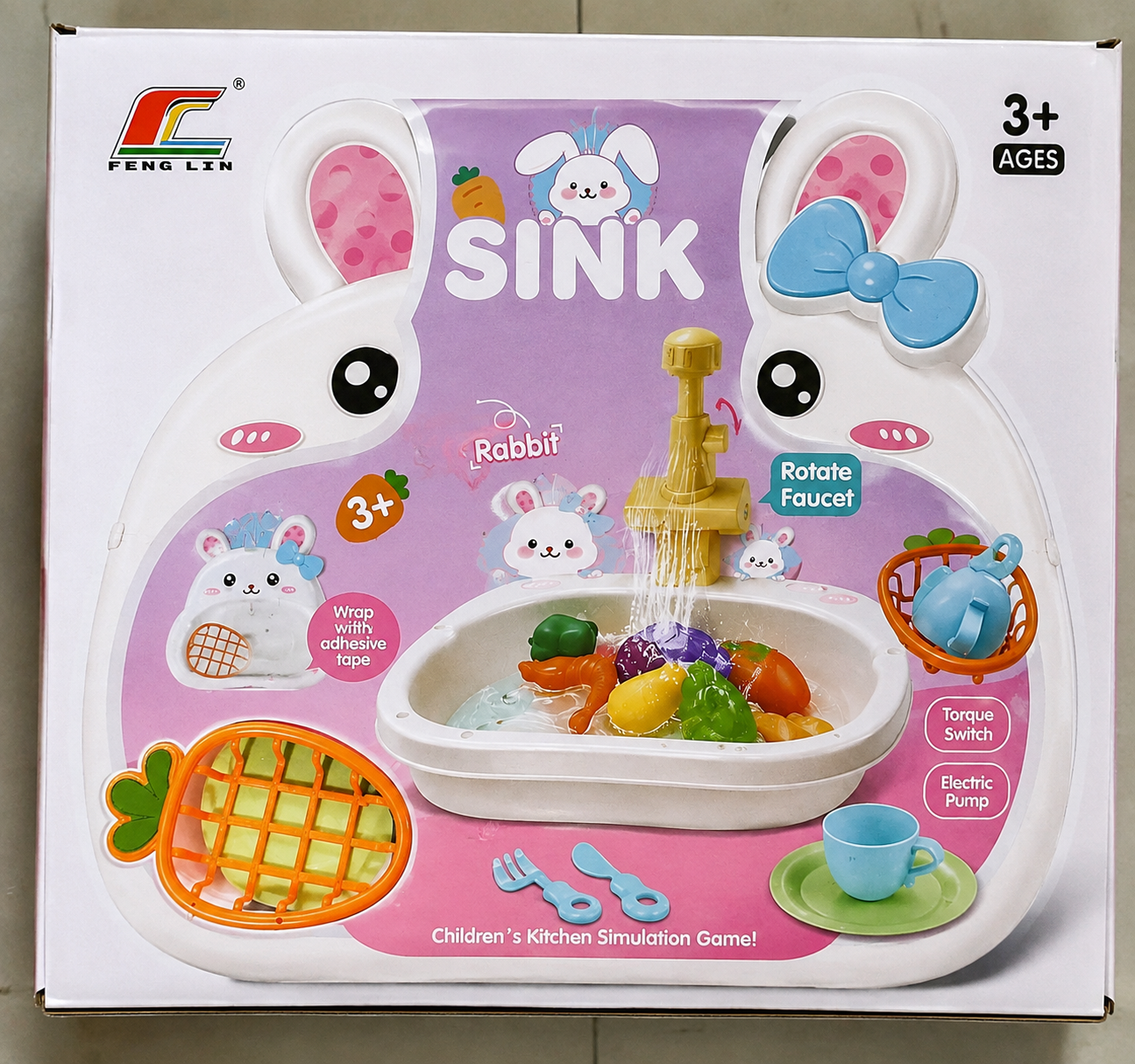 Rabbit Kids Kitchen Sink Play Set with Rotating Faucet & Electric Water Pump 3+ Years