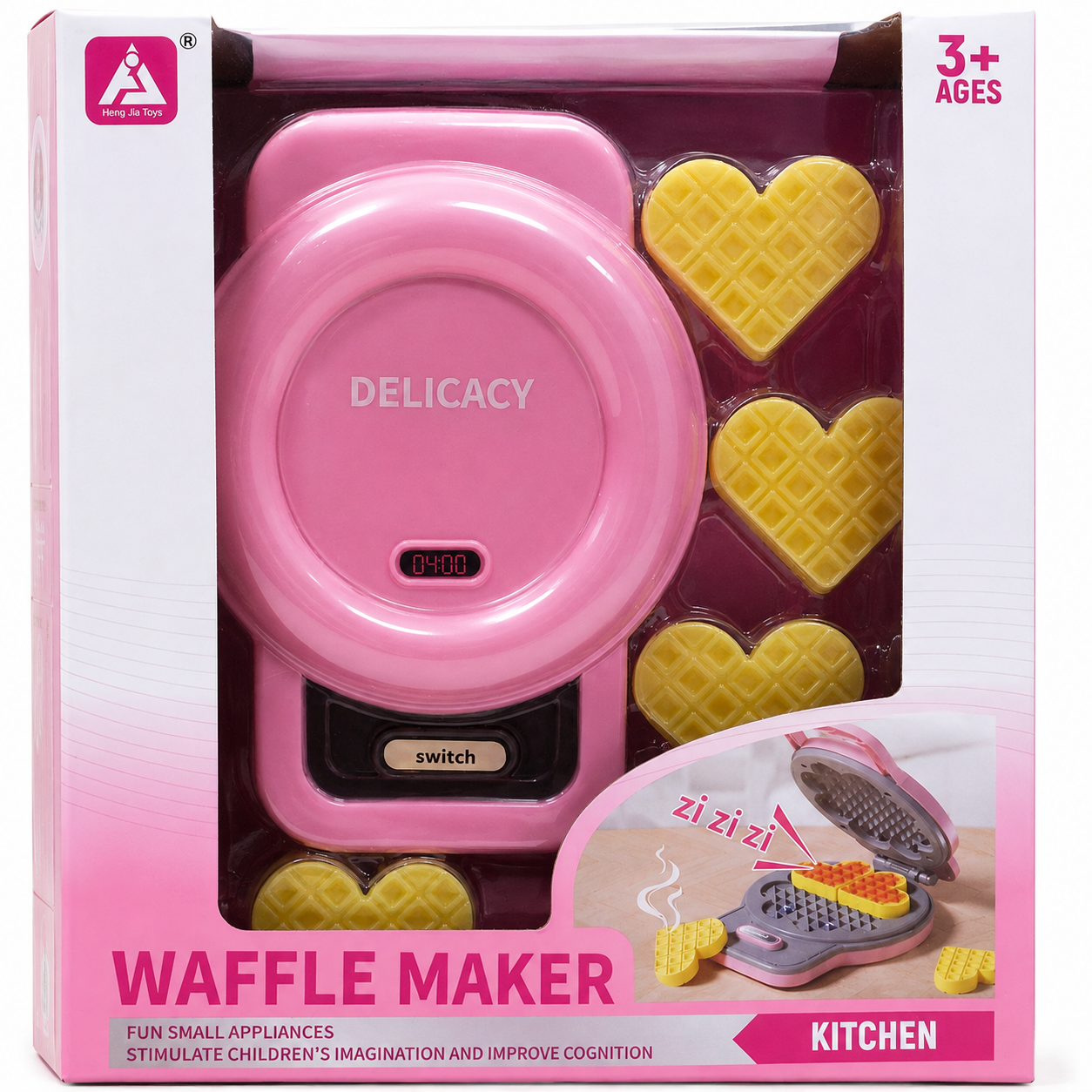 Kids Waffle Maker Pretend Play Toy Set with Heart-Shaped Waffles – Kitchen Role Play Toy for Kids 3+