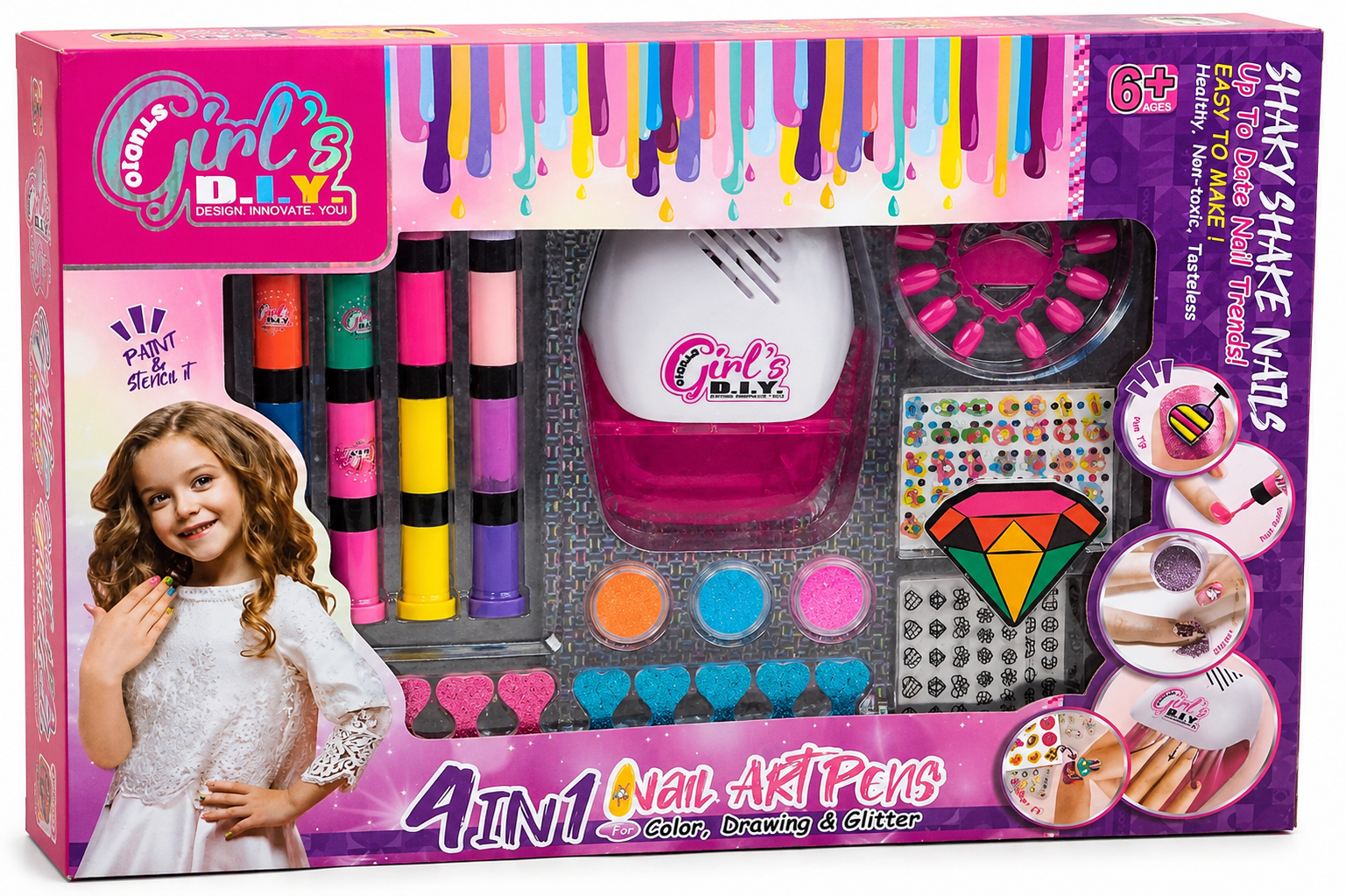 4-in-1 Nail Art Kit for Kids – Nail Polish, Glitter, Stickers & Drawing Set 6+ Years