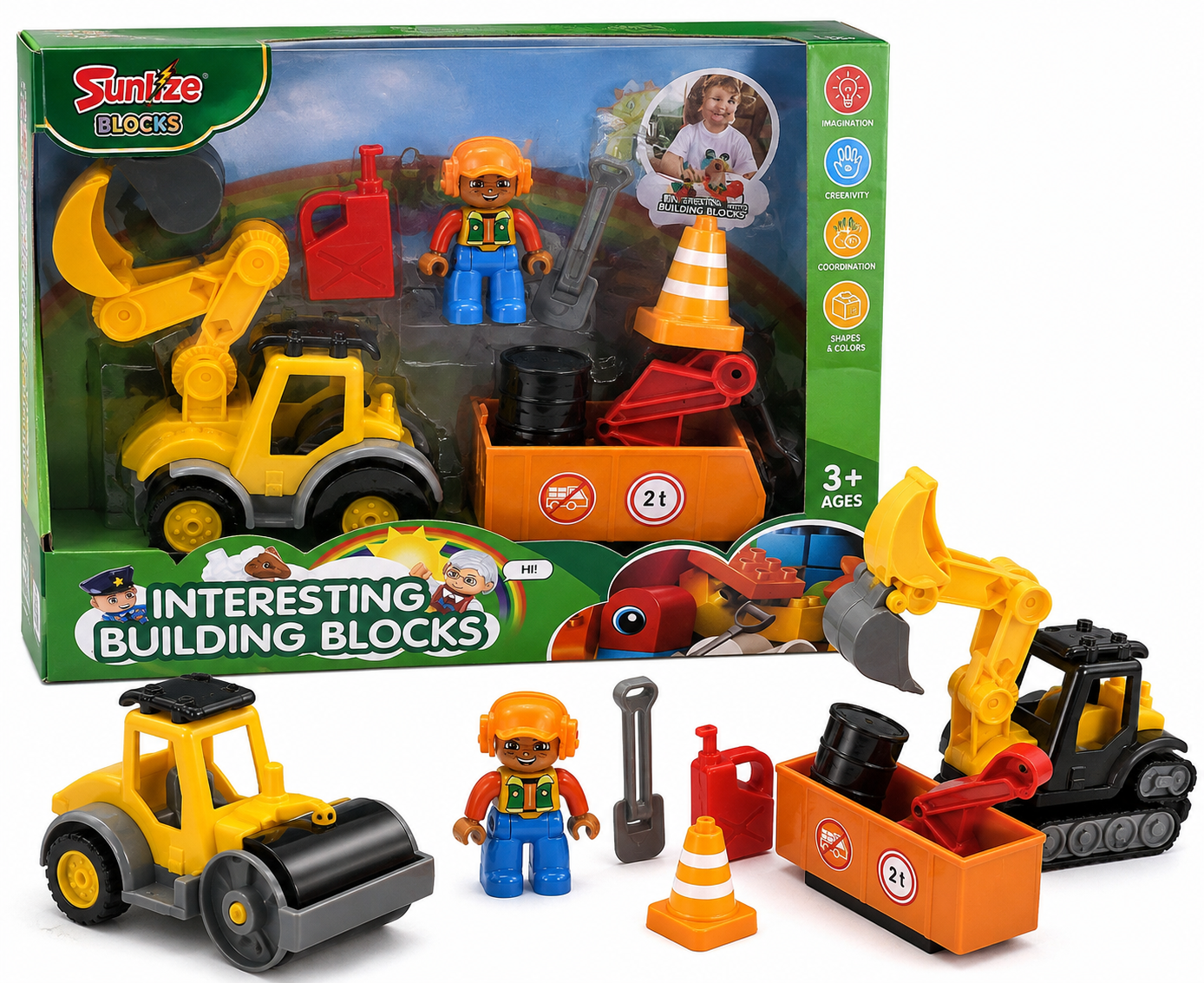 Construction Building Blocks Set with Excavator & Road Roller Vehicles Kids Construction Toy Set
