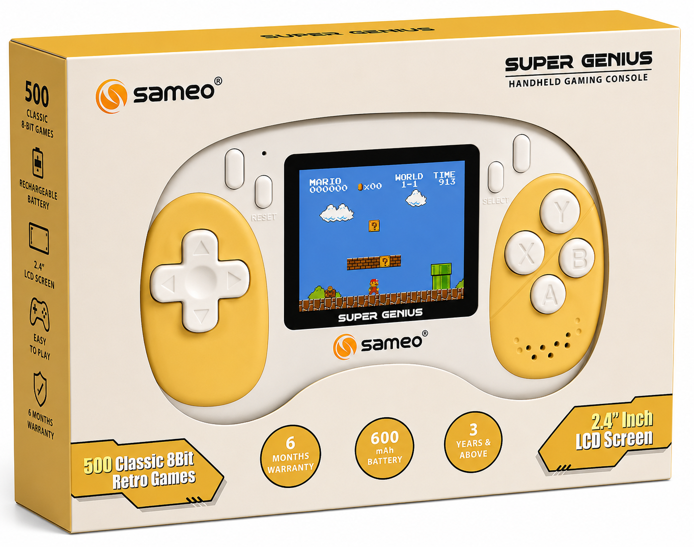 Sameo Super Genius Handheld Gaming Console with 500 Classic 8-Bit Games, 2.4" LCD Screen & 600mAh Battery Yellow
