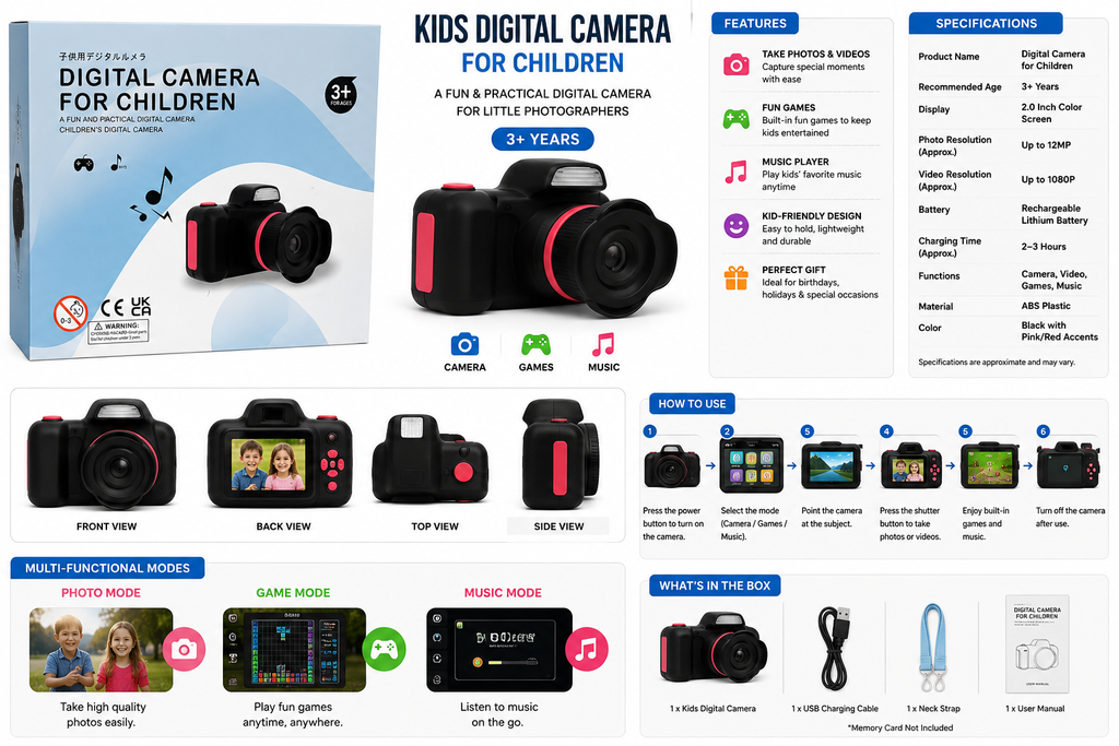 Kids Digital Camera with Games & Music – Children’s Photography Camera 3+
