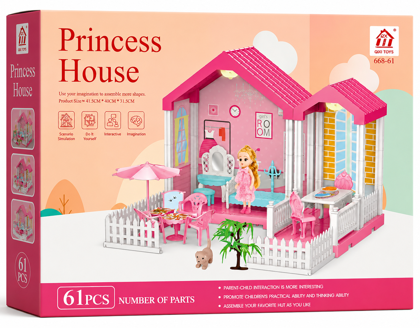 Princess House DIY Dollhouse Playset with Furniture – 61 Pcs