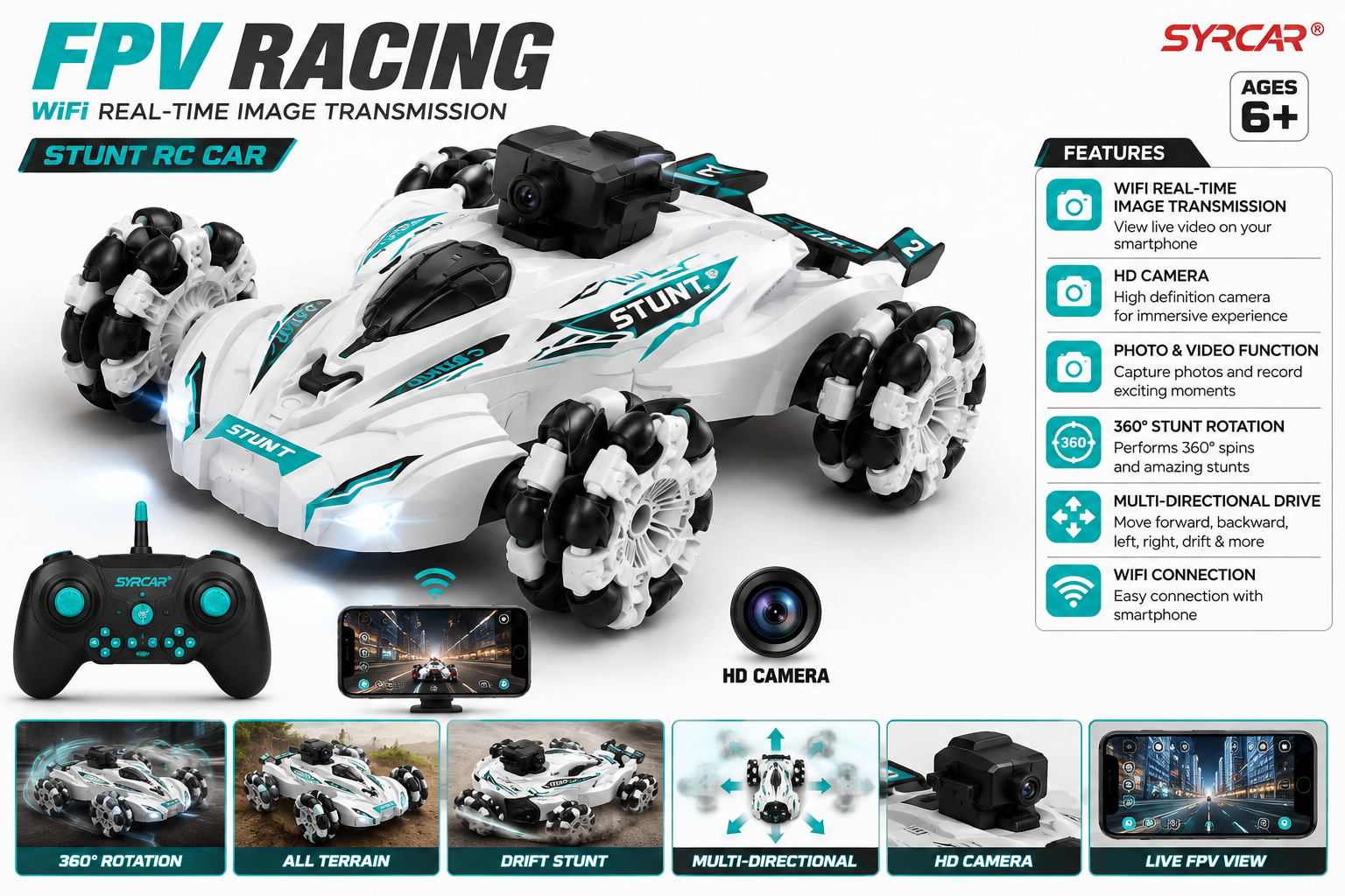 SYRCAR FPV Racing WiFi Camera Stunt Remote Control Car for Kids