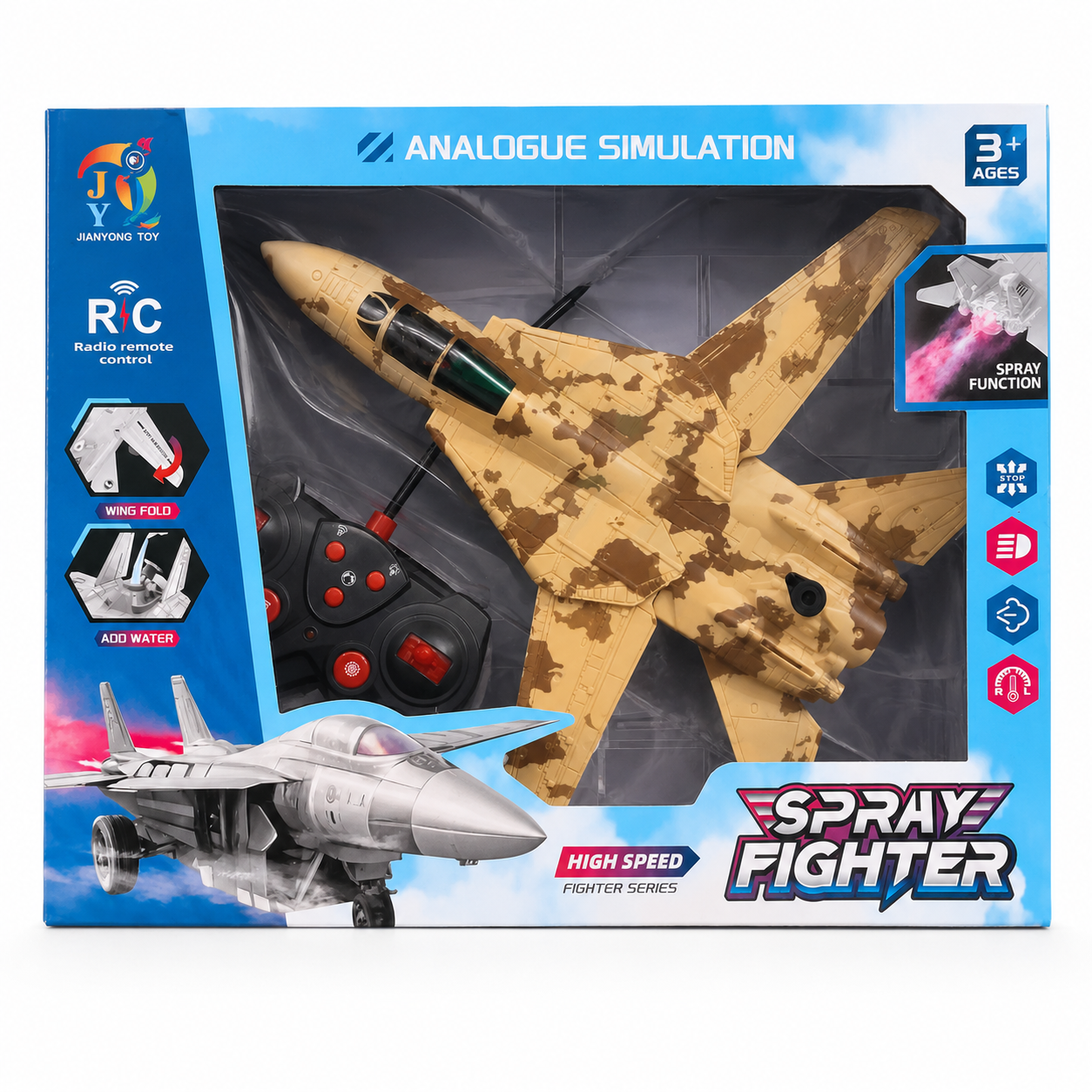 Remote Control Spray Fighter Jet with Foldable Wings, Lights & Sound