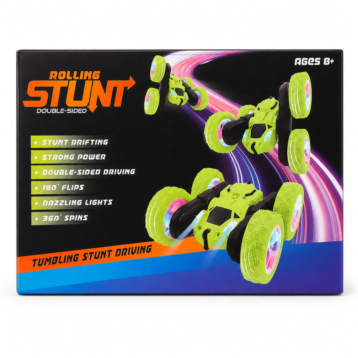 Double-Sided Remote Control Rolling Stunt Car with 360° Spin & Lights