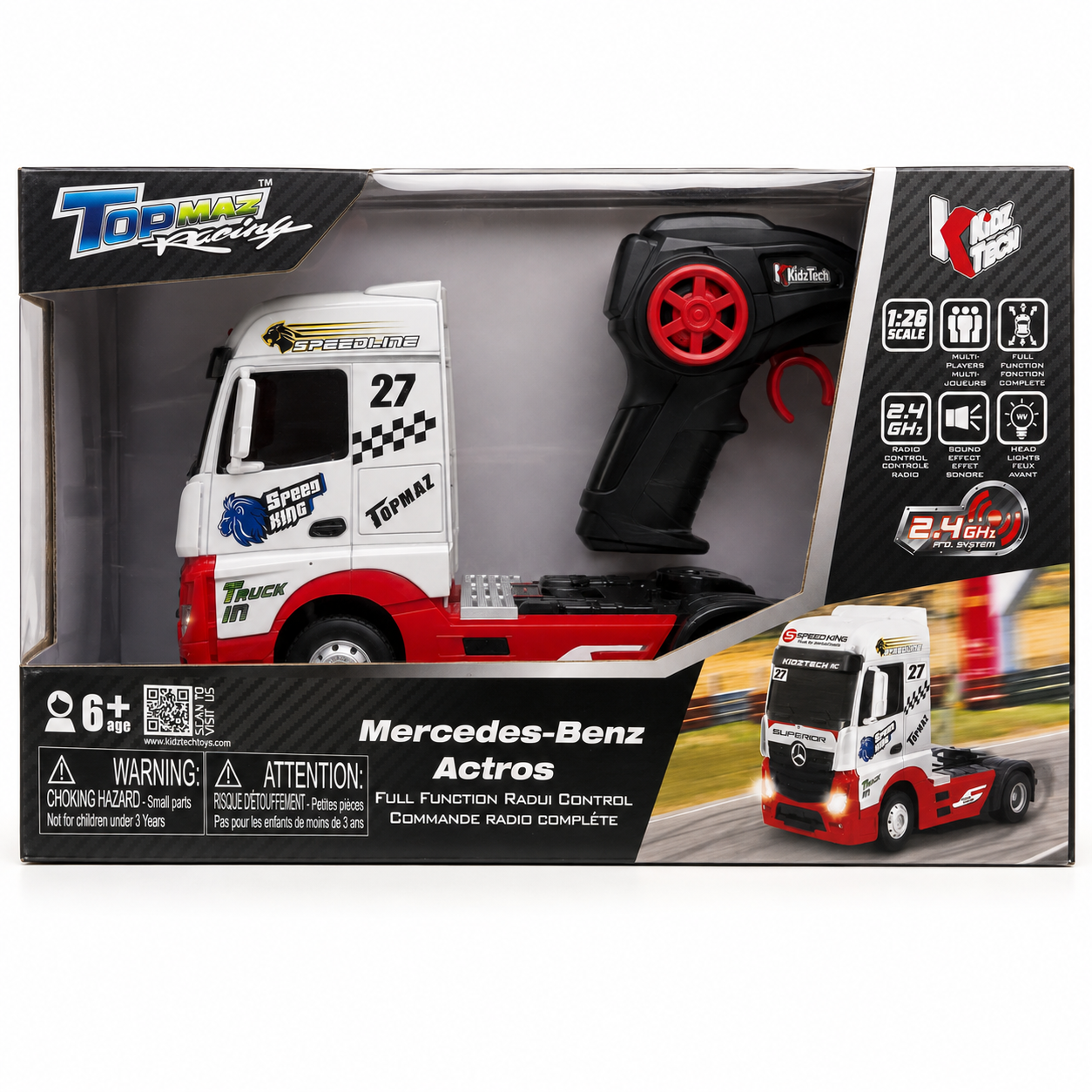 KidzTech Mercedes-Benz Actros 1:26 Scale Remote Control Truck with Lights, Sound & Turbo Boost – 2.4GHz