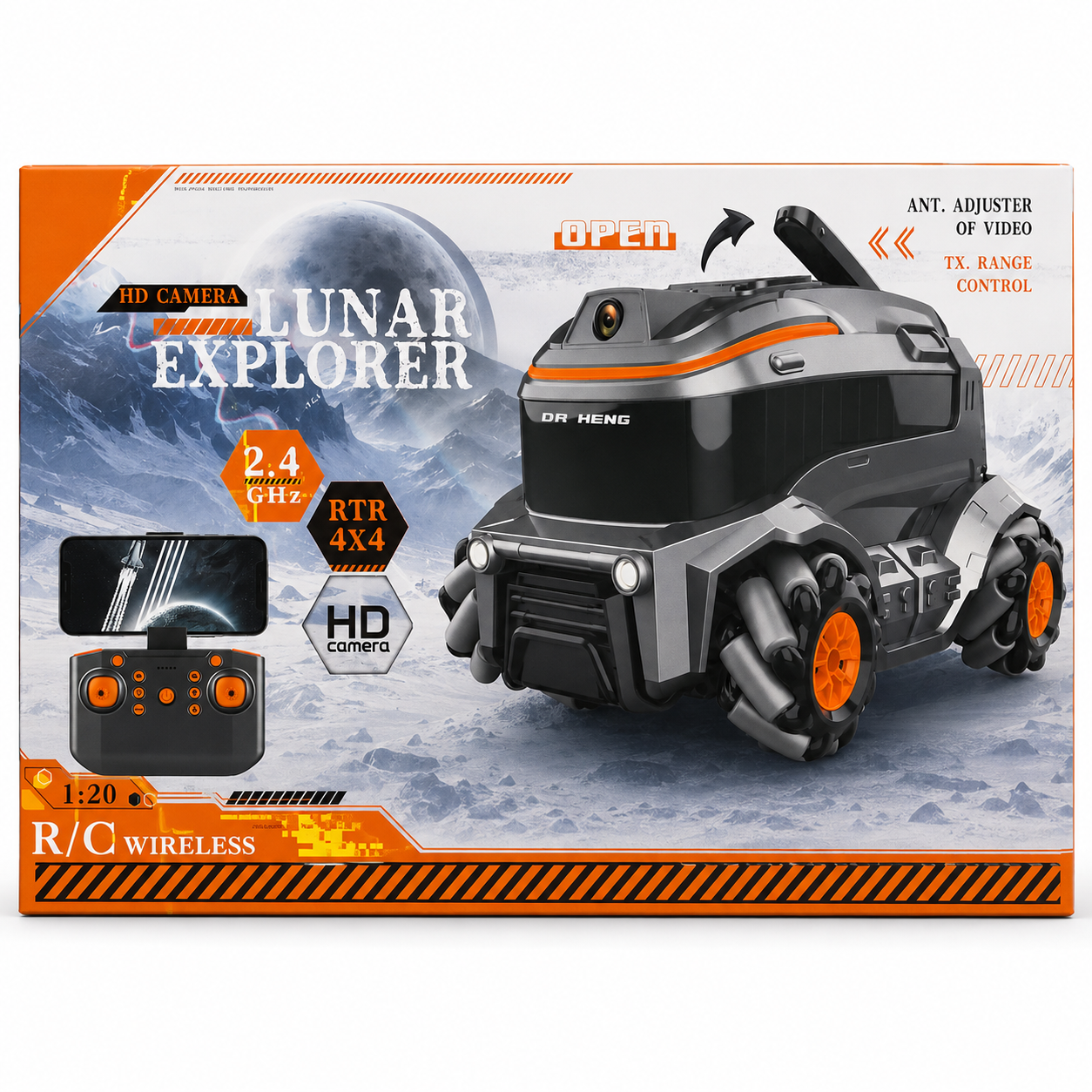 Lunar Explorer 1:20 Remote Control 4×4 Rover with HD Camera, 2.4GHz Control & Mecanum Wheels