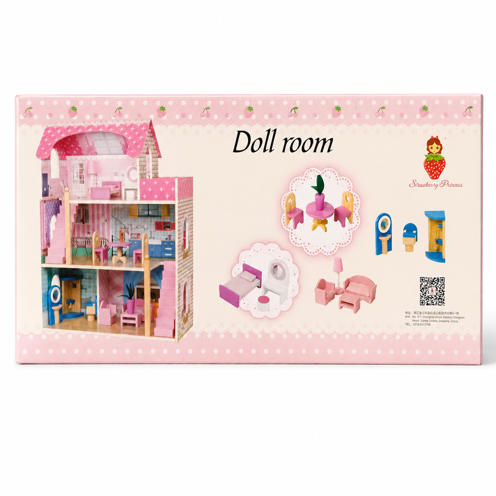 Rainbow Toys Pink Doll Room Wooden Dollhouse with Furniture Set for Kids