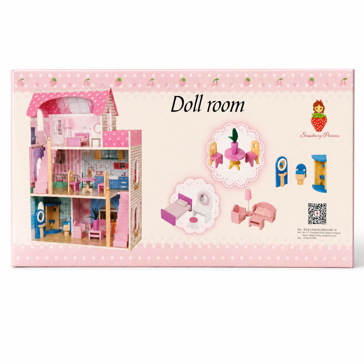 Rainbow Toys Pink Doll Room Wooden Dollhouse with Furniture Set for Kids