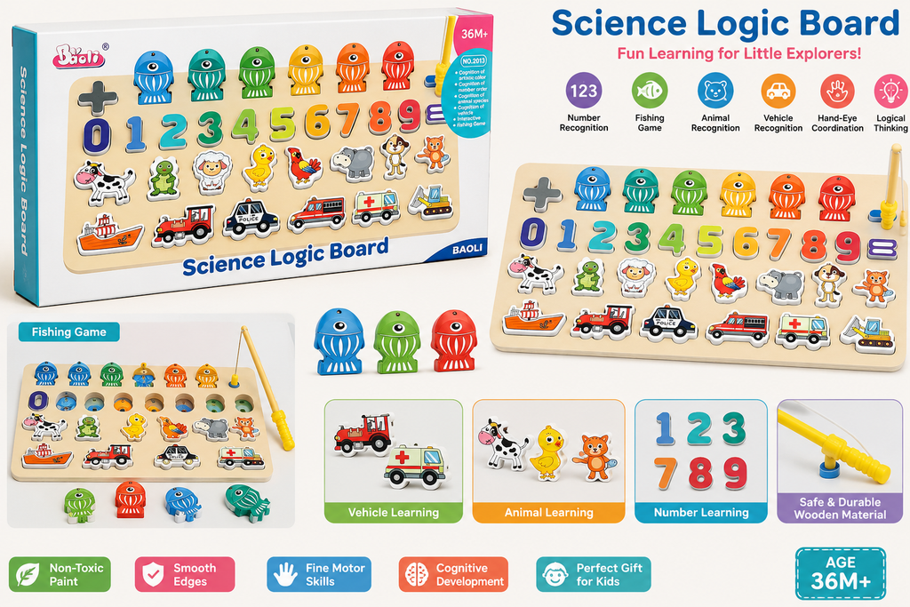 BAOLI Science Logic Board Wooden Educational Learning & Fishing Game for Kids – 36M+