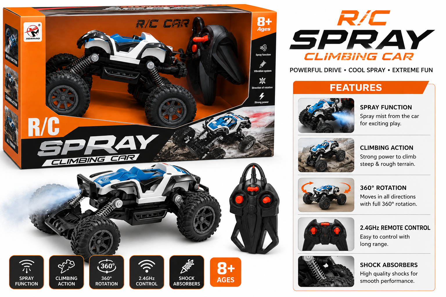 RC Spray Climbing Car with Remote Control, Vibration & Off-Road Suspension – 8+ Years