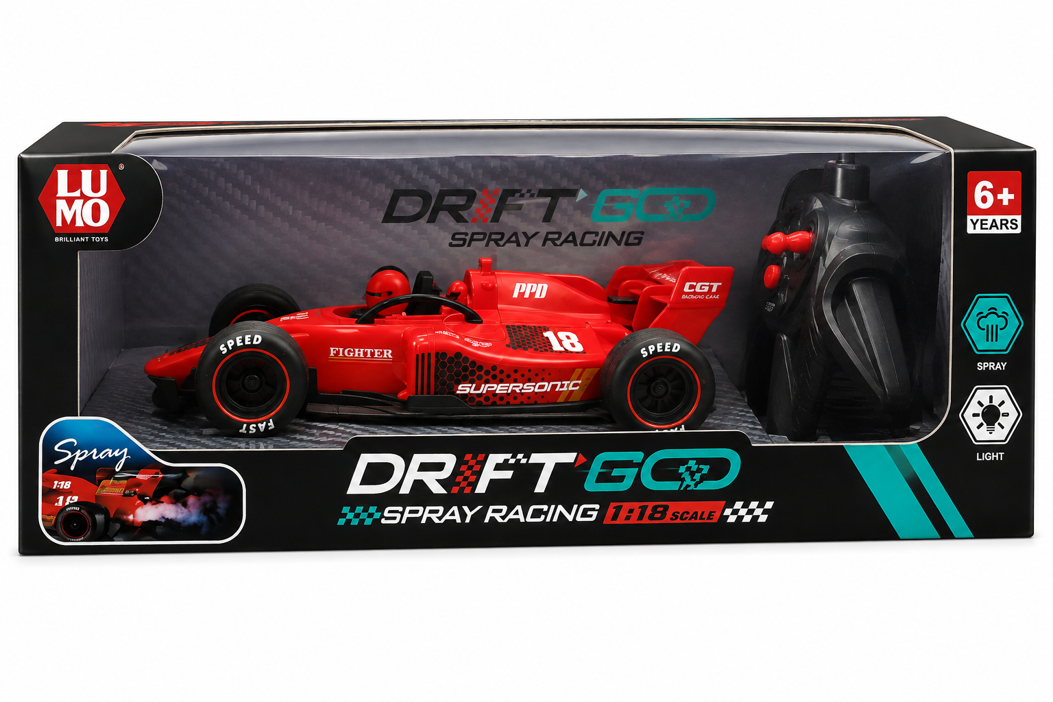 LUMO Drift-GO 1:18 Scale Spray Racing Formula Remote Control Car with Light – Red