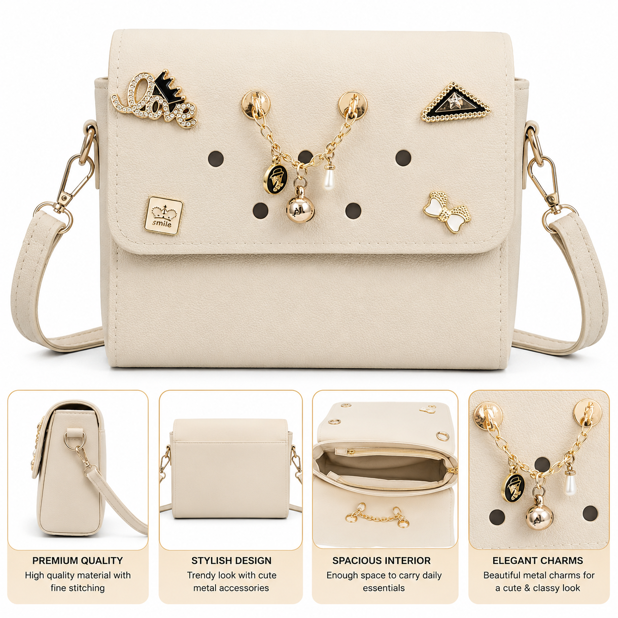 tylish Girls Mini Crossbody Sling Bag with Decorative Charms – Beige