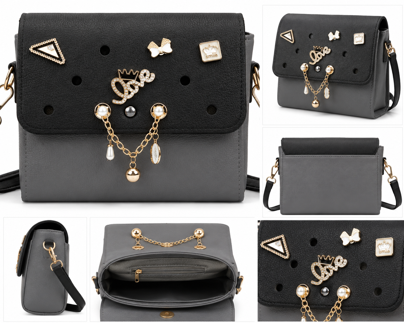Stylish Girls Crossbody Sling Bag with Gold Charms – Black & Grey