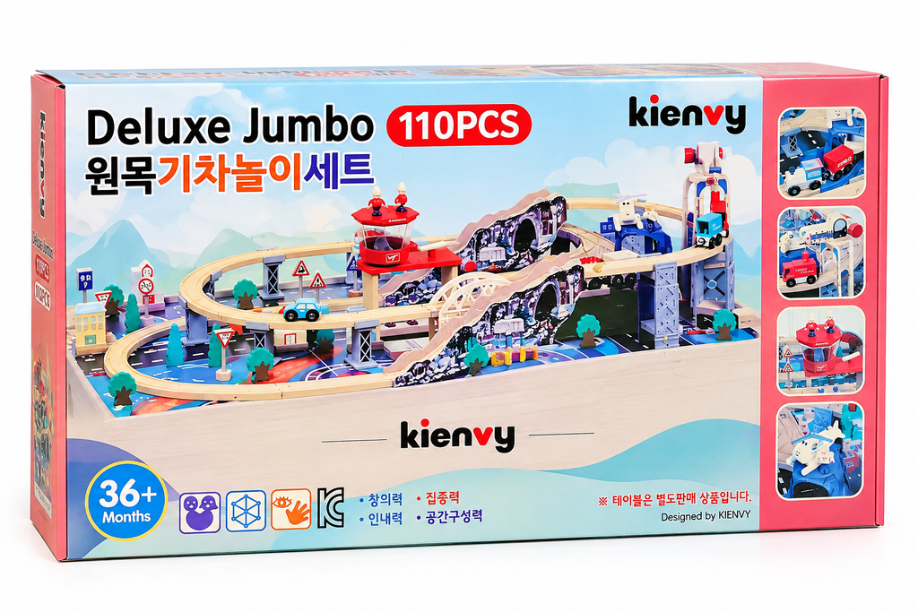 Kienvy Deluxe Jumbo 110 PCS Wooden Train & Railway Play Set for Kids
