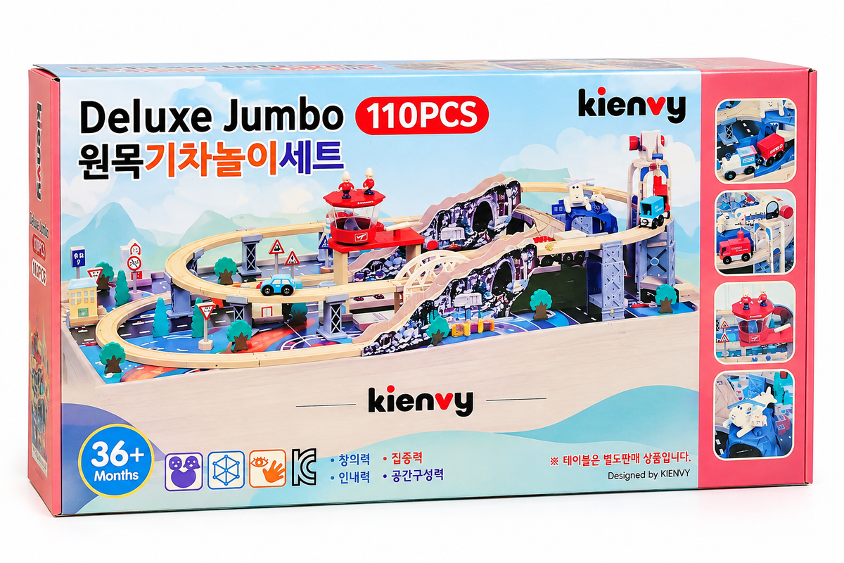 Kienvy Deluxe Jumbo 110 PCS Wooden Train & Railway Play Set for Kids