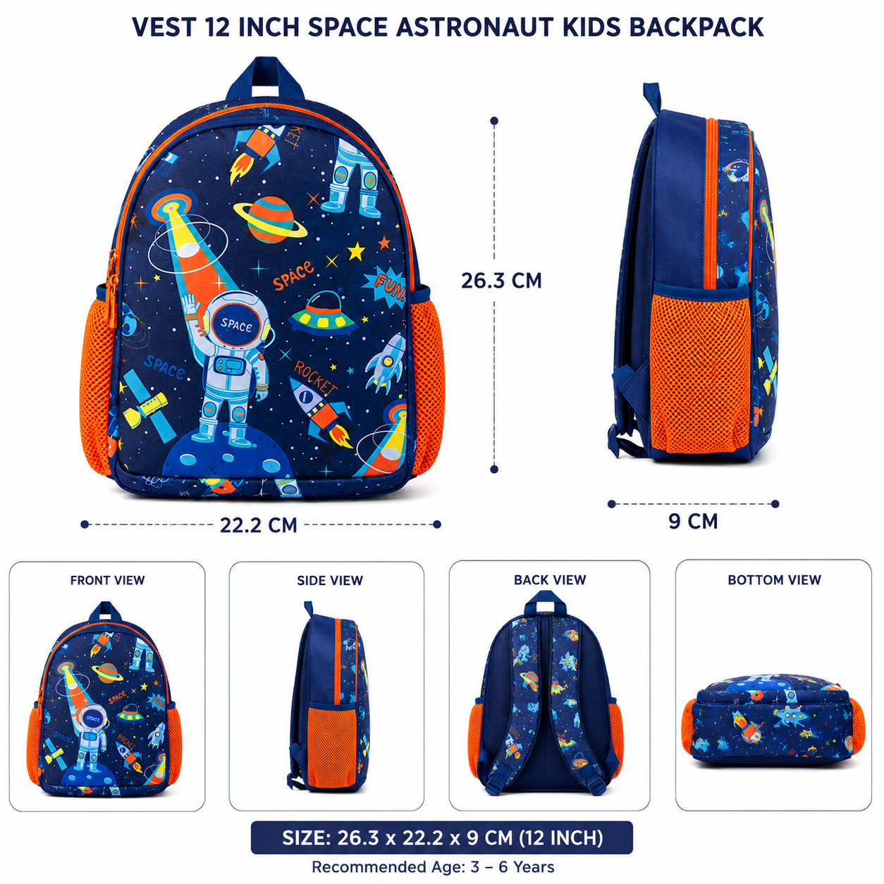 VEST 12 Inch Space Astronaut Kids School Backpack – Rocket & Planet Theme | 3–6 Years