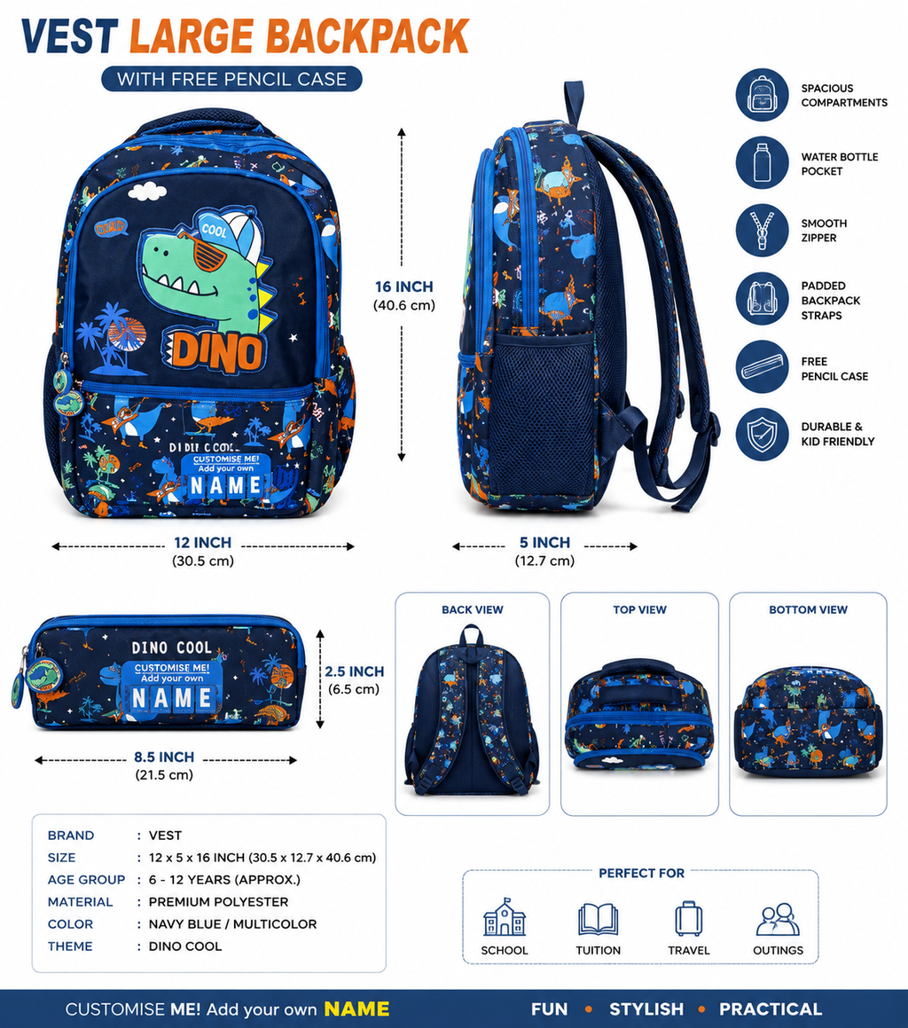 VEST Dino Cool 16 Inch Kids School Backpack with Free Pencil Case | 6–12 Years