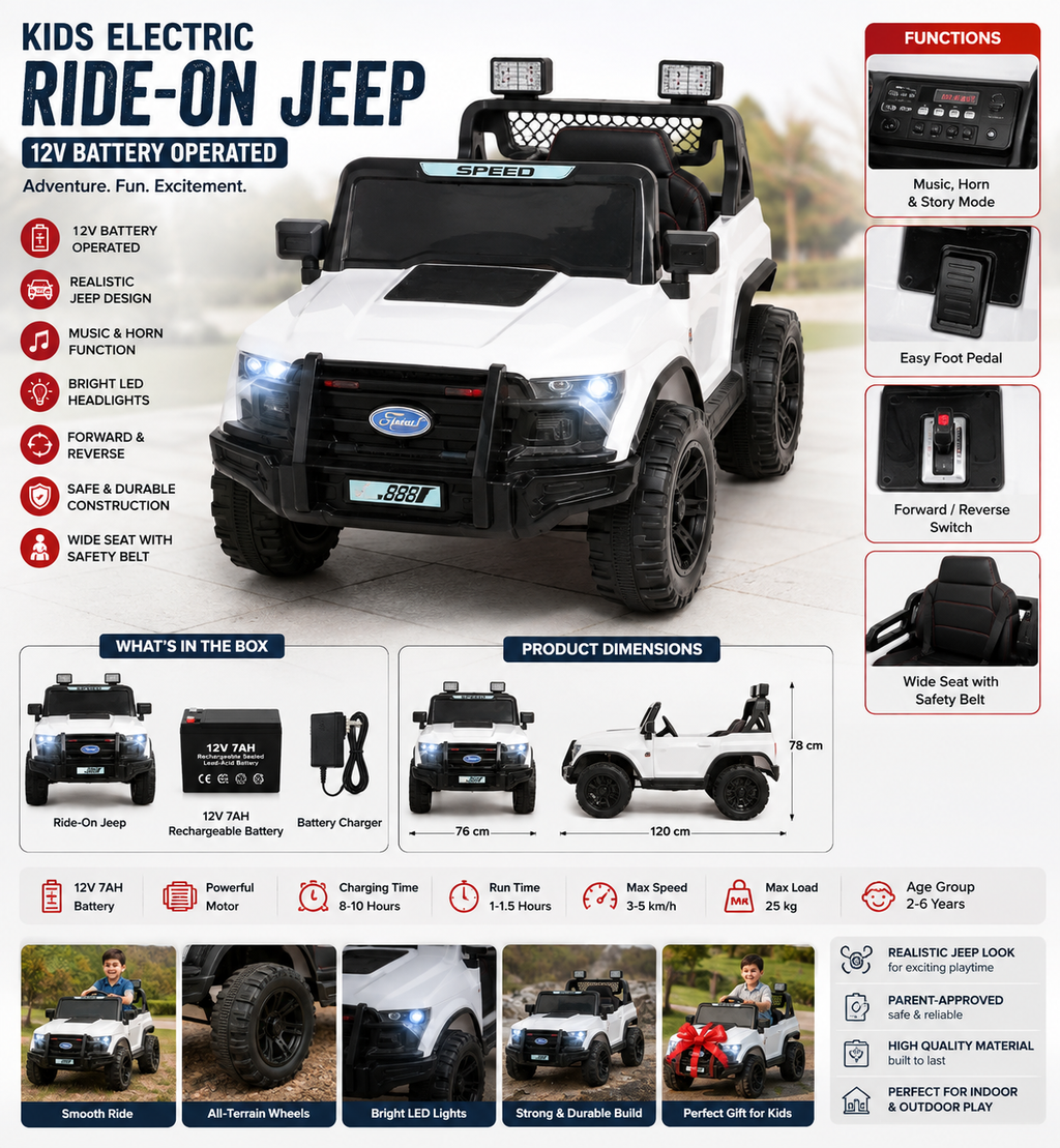Kids 12V Electric Ride-On Jeep Car with Remote Control – White Battery Operated Toy Car